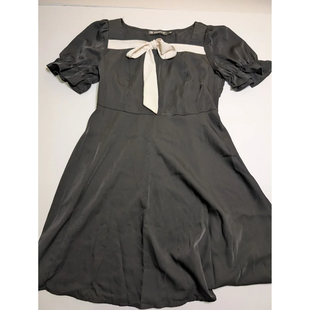 Allegra K Womens Black Contrast Bow Square Neck Puff Sleeve Mini Dress SizeSmall